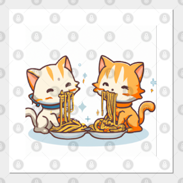Two Cute Cats Eating Spaghetti Anime Meme Portrait Cat Eating